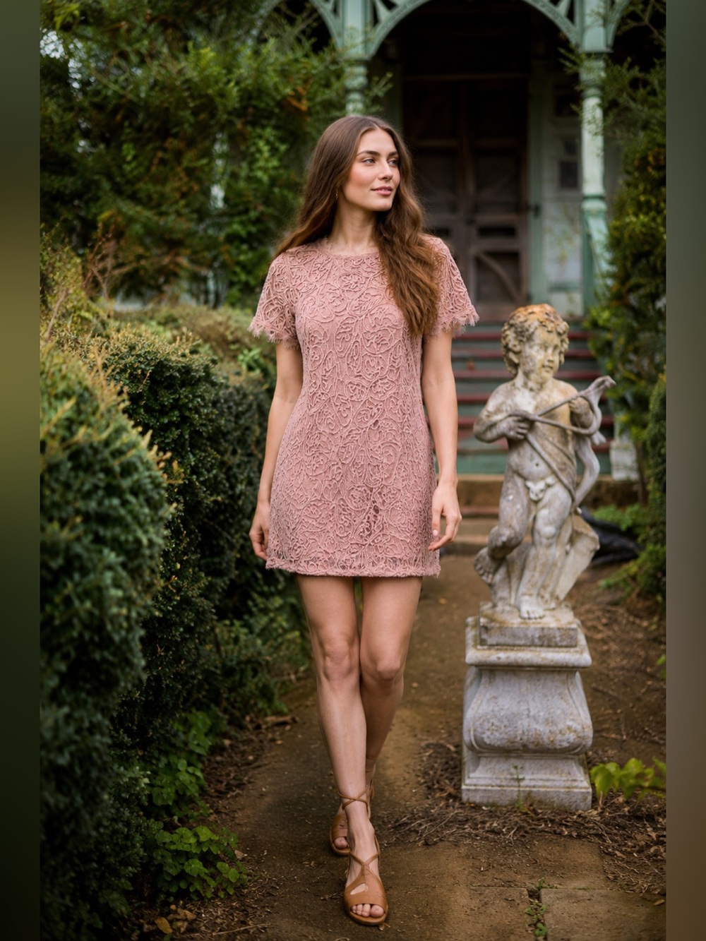 NWT Loveriche Blush Pink Lace Shift Dress Textured Short Sleeve Women’s L